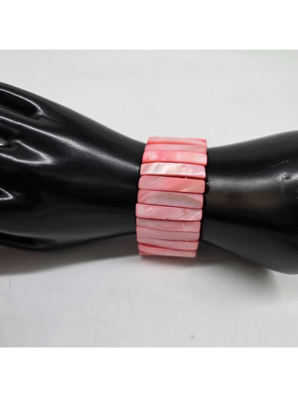 Wide Pink Rectangle Shell Stretch Bracelet 1-1/8" Women's Jewelry - Picture 3 of 6